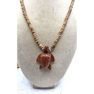 Wood Beaded Necklace With Wooden Carved Sea Turtle